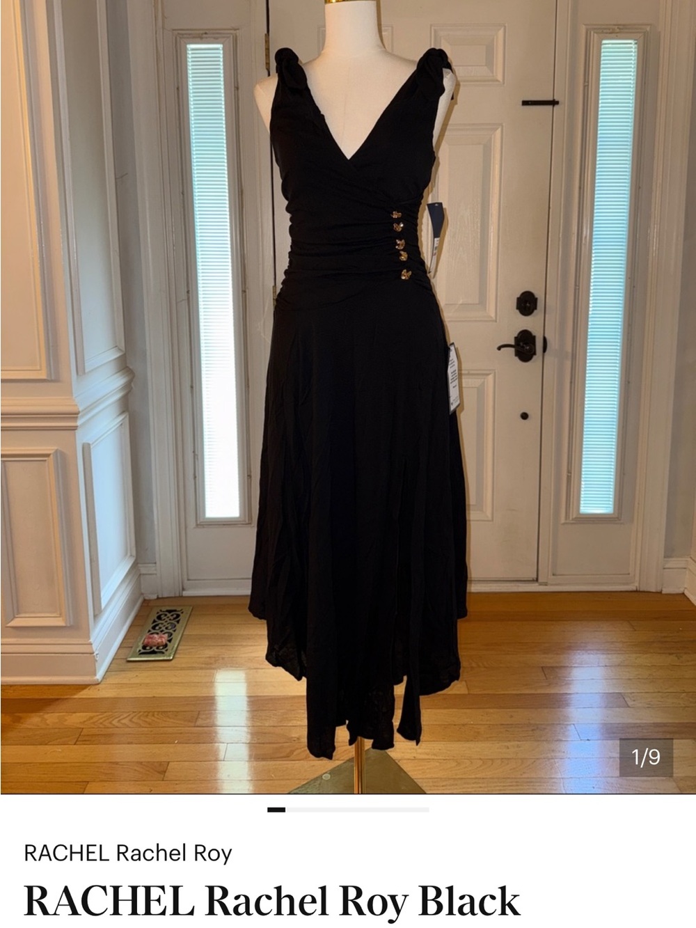 RACHEL Rachel Roy Black Tie-Shoulder V-Neck Midi Dress with Decorative Buttons